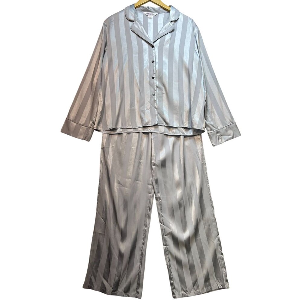 Lilac+London Womens Satin Pajama Top & Pajama Bottoms Set Sz M Gray White Stripe